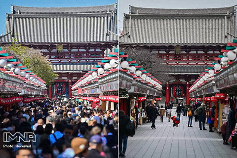 تفاوت حضور مردم در یک معبد توریستی در شهر توکیو ژاپن قبل و بعد از شیوع ویروس کرونا
