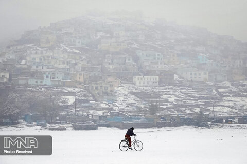 مرد دوچرخه سوار افغان در هنگام بارش برف در کابل