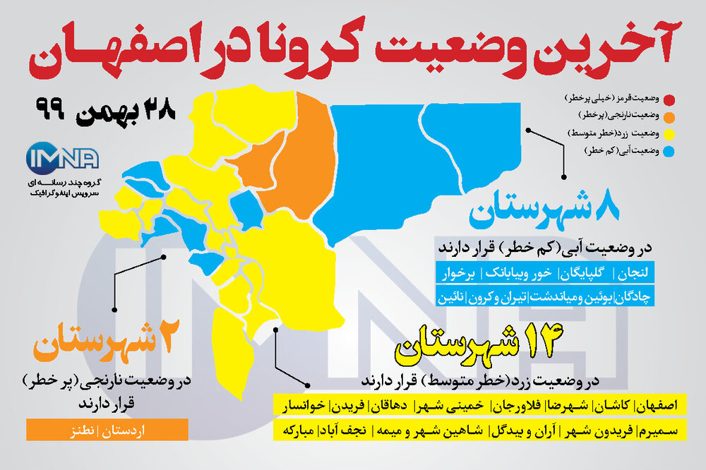 آخرین وضعیت کرونا در اصفهان( ۲۸ بهمن ۹۹) + وضعیت شهرهای استان/اینفوگرافیک