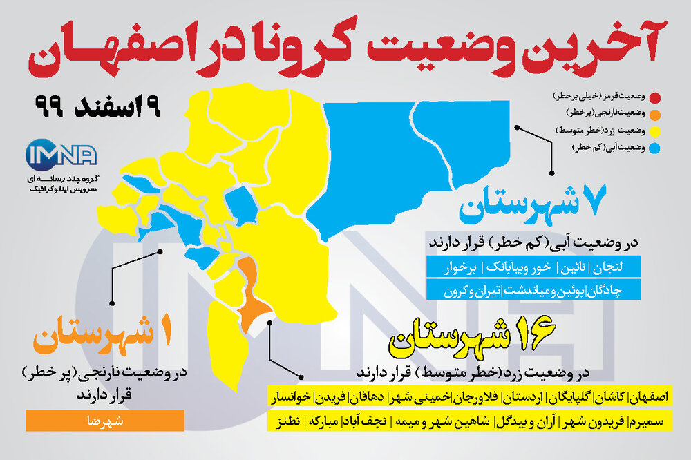 آخرین وضعیت کرونا در اصفهان( ۹ اسفند ۹۹) + وضعیت شهرهای استان/اینفوگرافیک