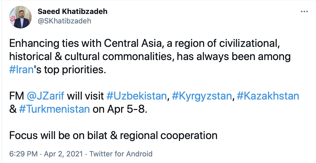 ظریف عازم ازبکستان، قرقیزستان، قزاقستان و ترکمنستان می شود