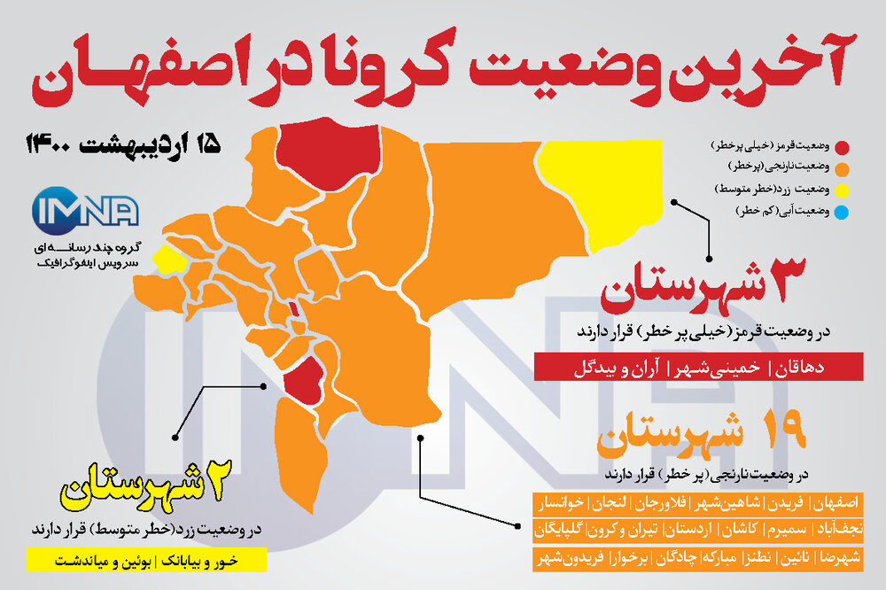 آخرین وضعیت کرونا در اصفهان( ۱۵ اردیبهشت۱۴۰۰) + وضعیت شهرهای استان/اینفوگرافیک