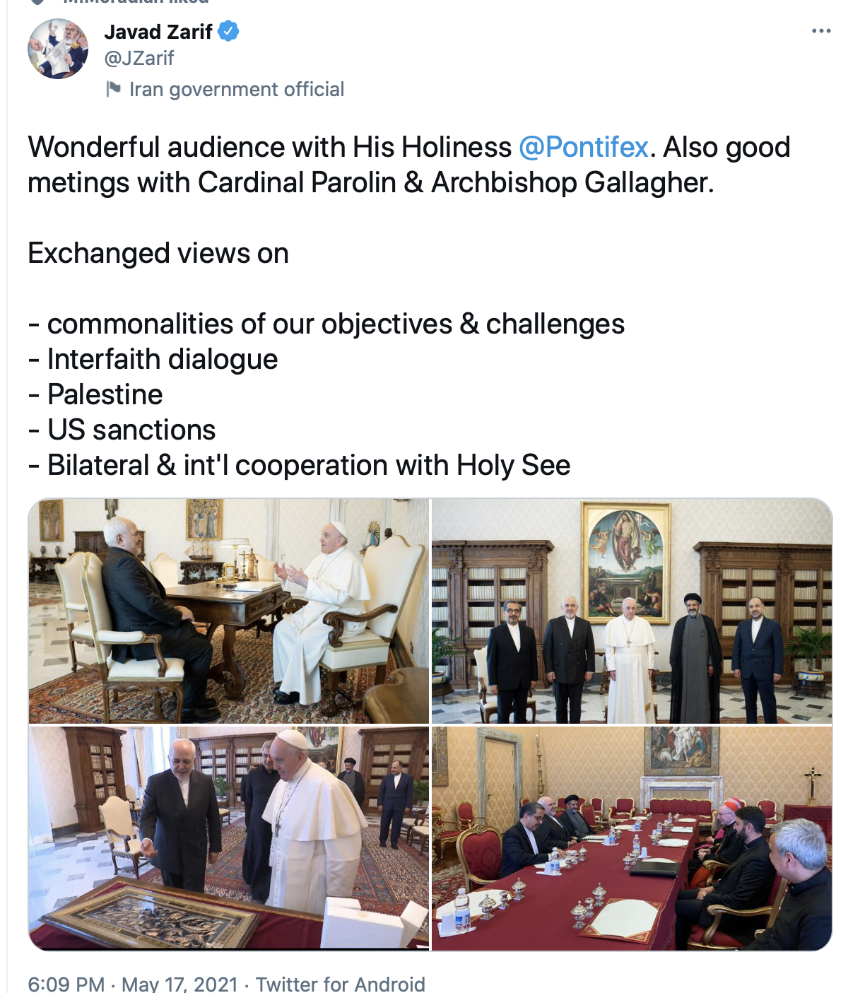 ظریف: دیدار با پاپ فرانسیس فوق‌العاده بود
