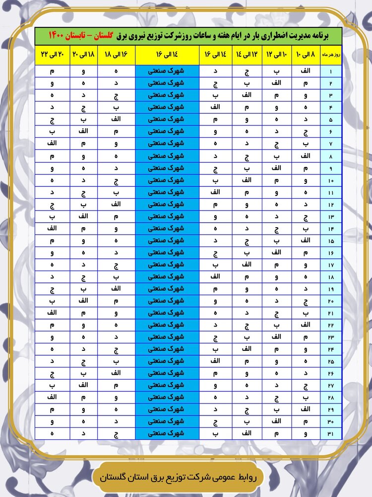 برنامه قطعی برق استان گلستان ۳ تا ۷ خرداد ۱۴۰۰ + لیست مناطق و دانلود جدول هفته اول خرداد