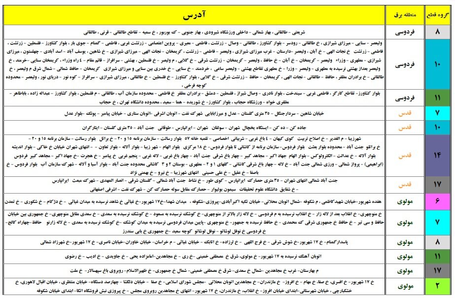 برنامه قطعی برق تهران تیر ۱۴۰۰