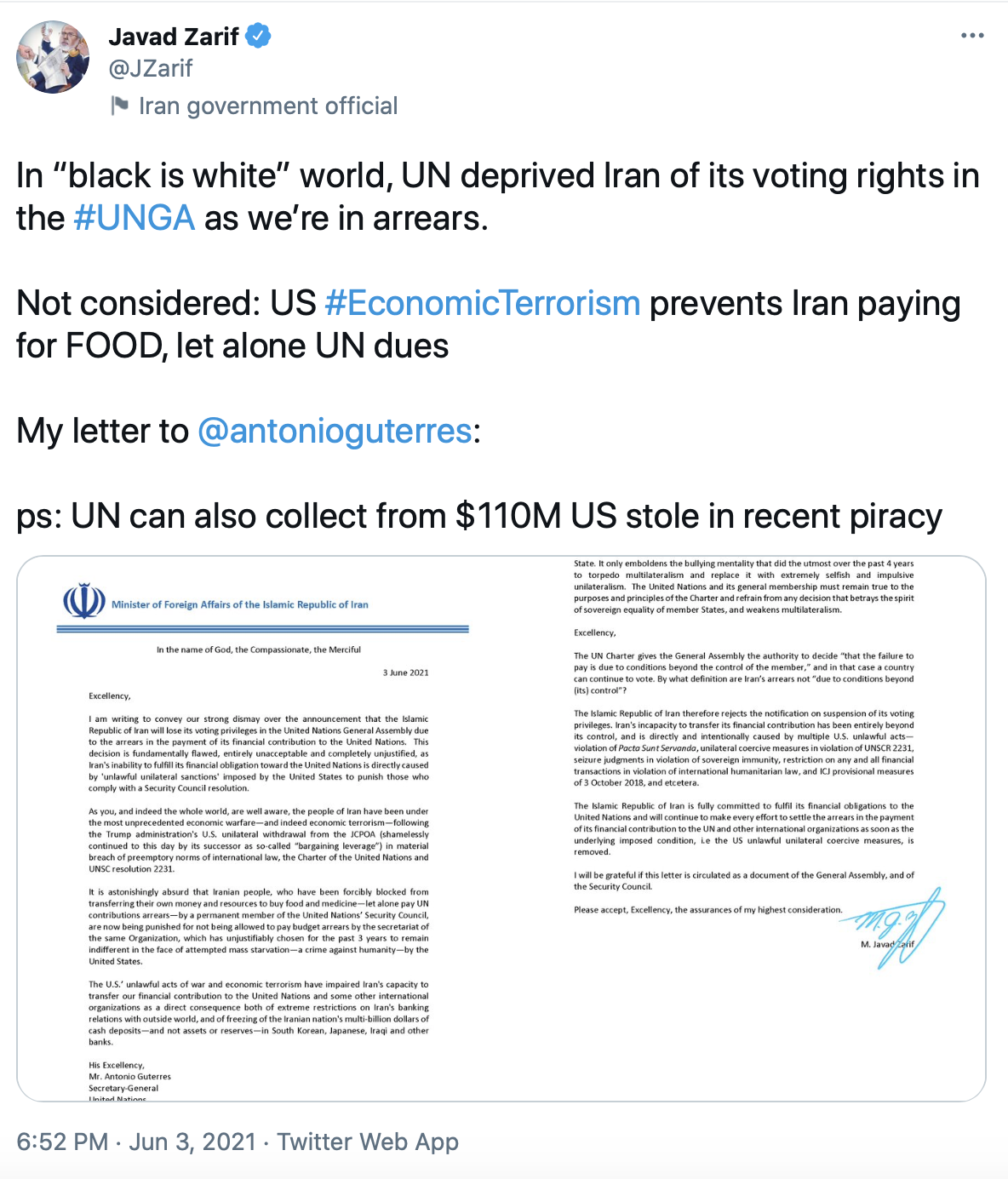 واکنش ظریف به معلق شدن حق رأی ایران در سازمان ملل 