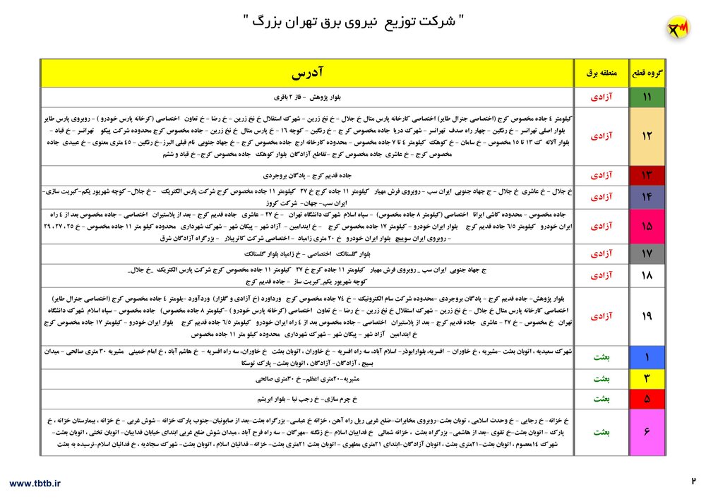 برنامه قطعی برق تهران ۱۲ تا ۱۷ تیر۱۴۰۰ + ساعات قطع، لیست مناطق و دانلود جدول قطعی برق