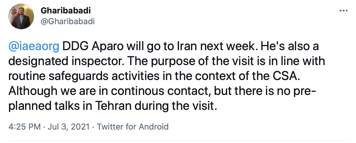 سفر معاون آژانس به ایران در چارچوب فعالیت‌های پادمانی است