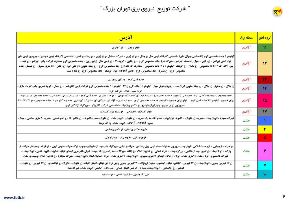 لیست قطعی برق تهران