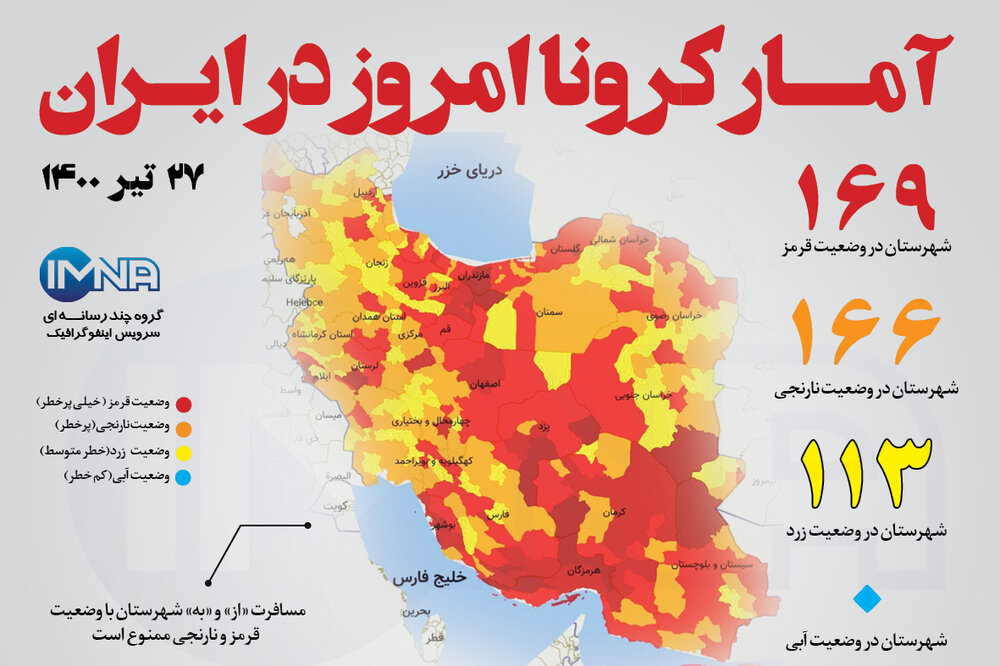 آمار کرونا امروز در ایران (یکشنبه ۲۷ تیر ۱۴۰۰) + وضعیت شهرهای کشور