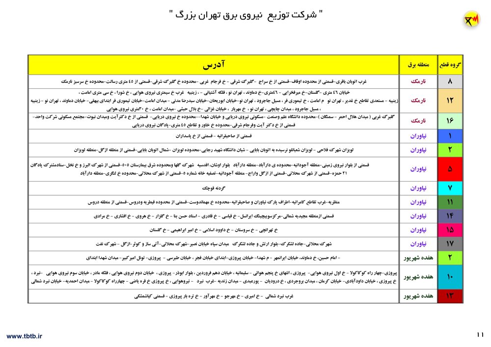 برنامه قطعی برق تهران ۲ تا ۶ مرداد ۱۴۰۰ + ساعات قطع، لیست مناطق و دانلود جدول قطعی برق