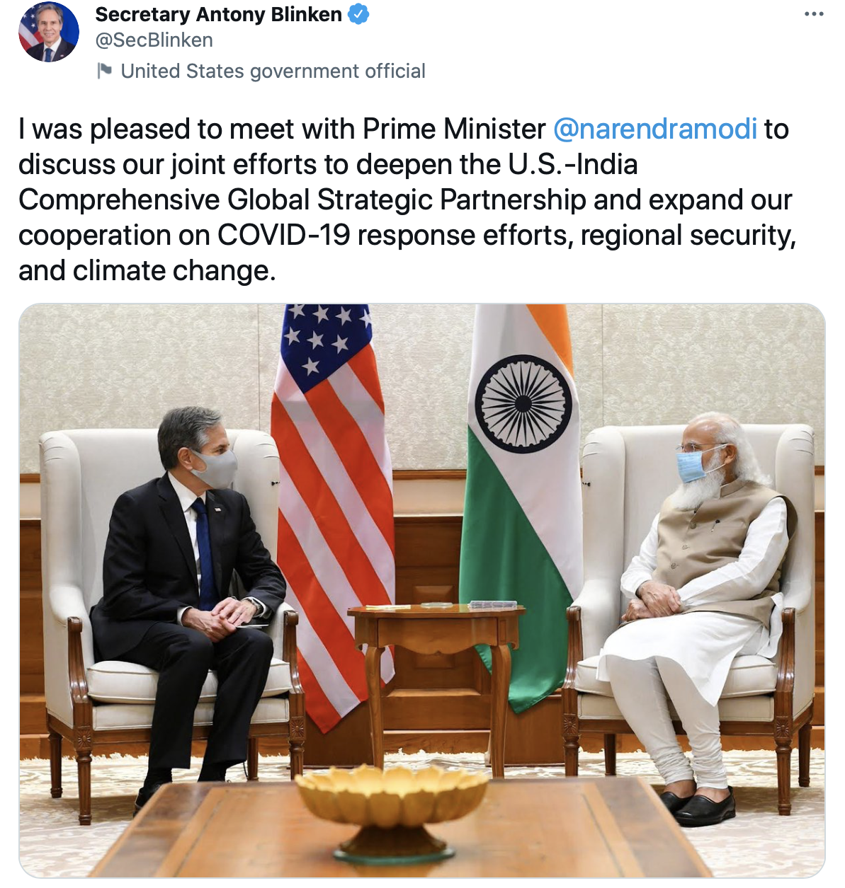 دیدار آنتونی بلینکن با نخست وزیر هند