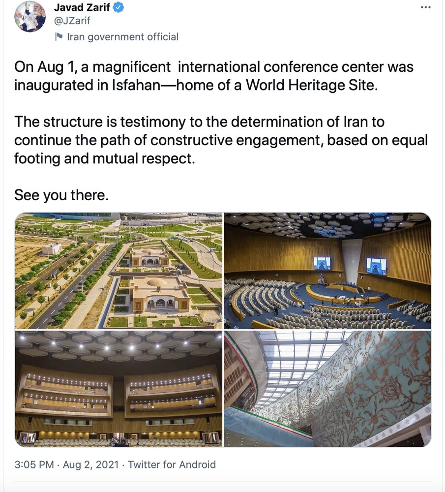 توییت ظریف درپی افتتاح مرکز همایش‌های بین‌المللی در اصفهان