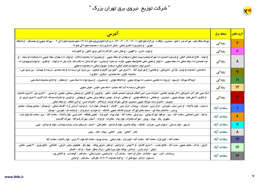 لیست قطعی برق تهران