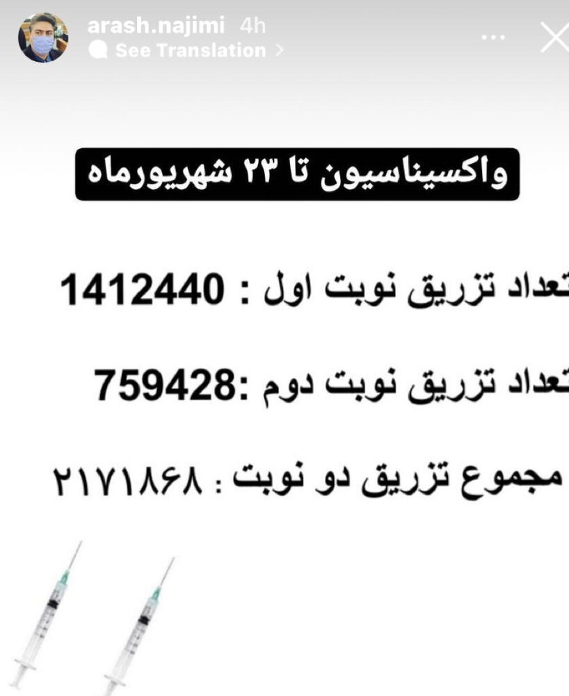 آمار واکسیناسیون اصفهان تا ٢٣ شهریور ماه 