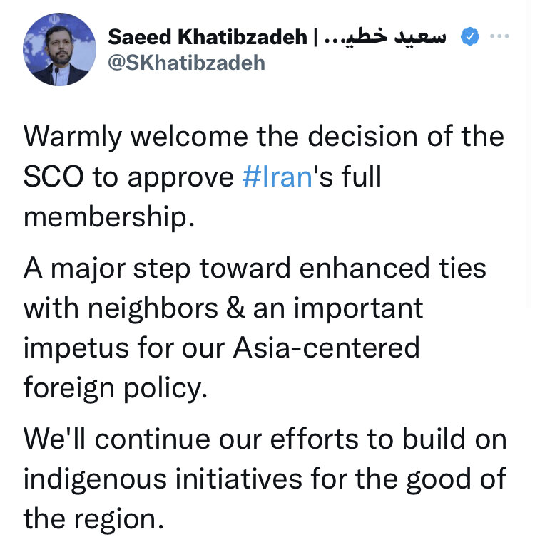 از تصمیم سازمان همکاری شانگهای به پذیرش عضویت کامل ایران به گرمی استقبال می‌کنیم