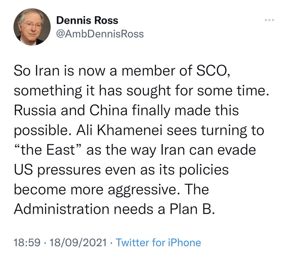 واکنش دنیس راس به عضویت ایران در سازمان شانگهای