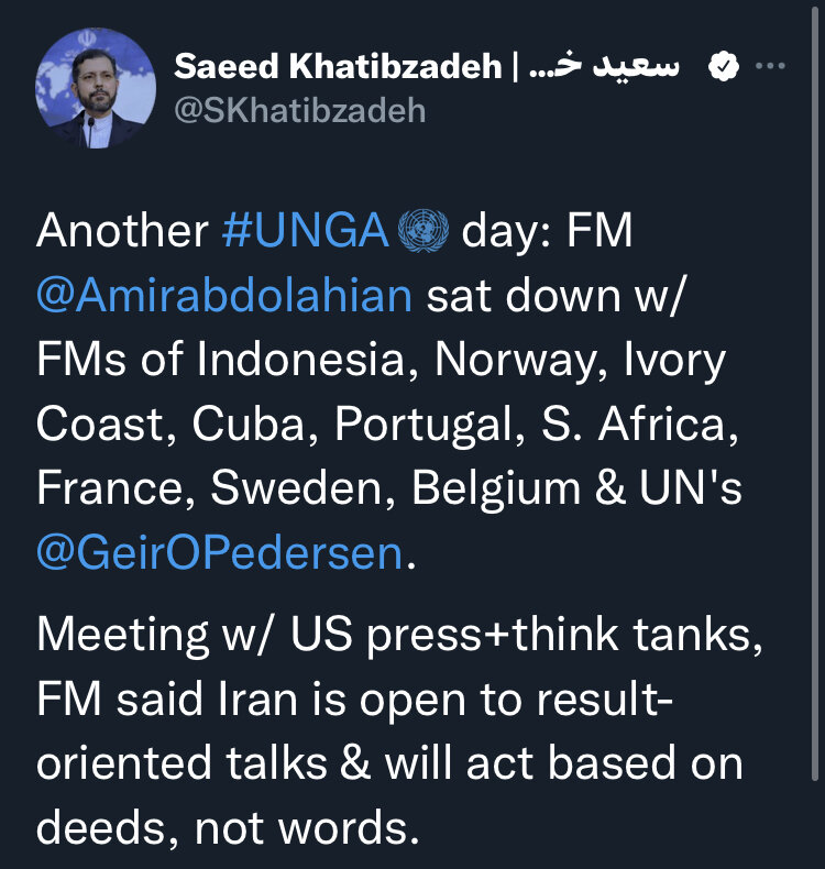 گزارش توئیتری خطیب‌زاده از دیدارهای روز چهارم وزیر خارجه در نیویورک