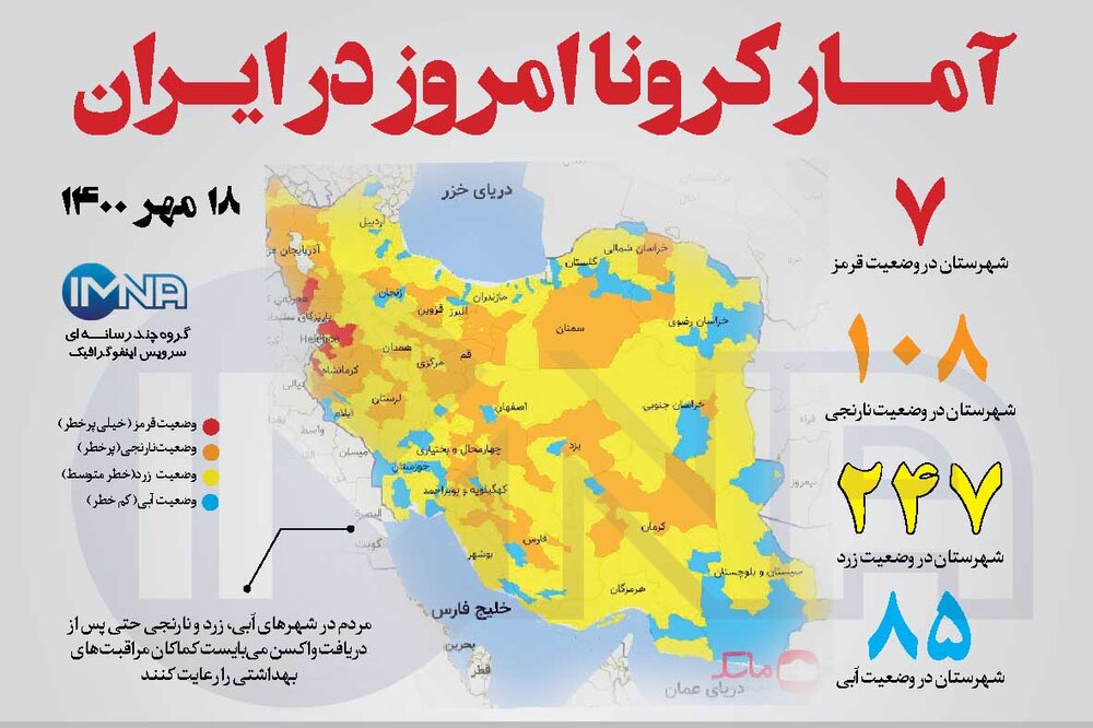 آمار کرونا امروز در ایران (یکشنبه ۱۸ مهر ۱۴۰۰) + وضعیت شهرهای کشور