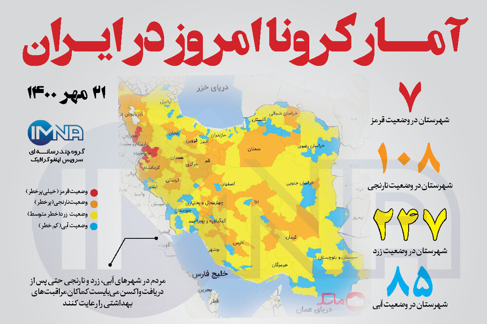 آمار کرونا امروز در ایران (چهارشنبه ۲۱ مهر ۱۴۰۰) + وضعیت شهرهای کشور