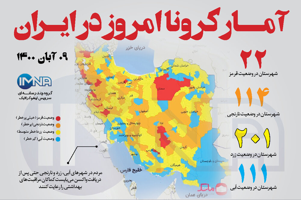 آمار کرونا امروز در ایران (یکشنبه ۸ آبان ۱۴۰۰) + وضعیت شهرهای کشور