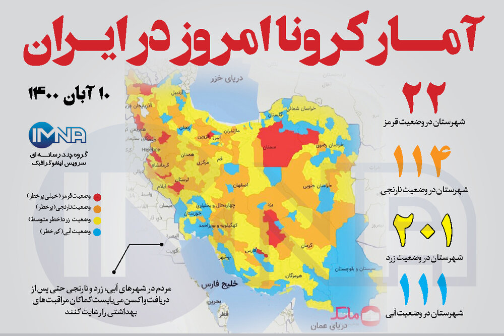 آمار کرونا امروز در ایران (دوشنبه ۱۰ آبان ۱۴۰۰) + وضعیت شهرهای کشور