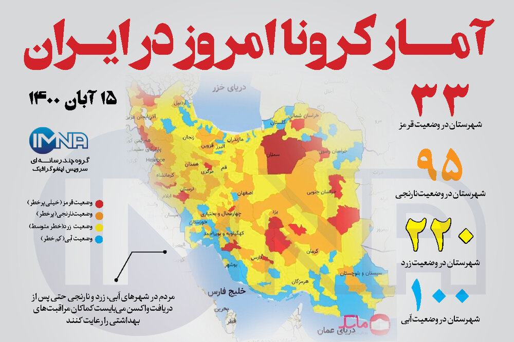 آمار کرونا امروز در ایران (شنبه ۱۵ آبان ۱۴۰۰) + وضعیت شهرهای کشور