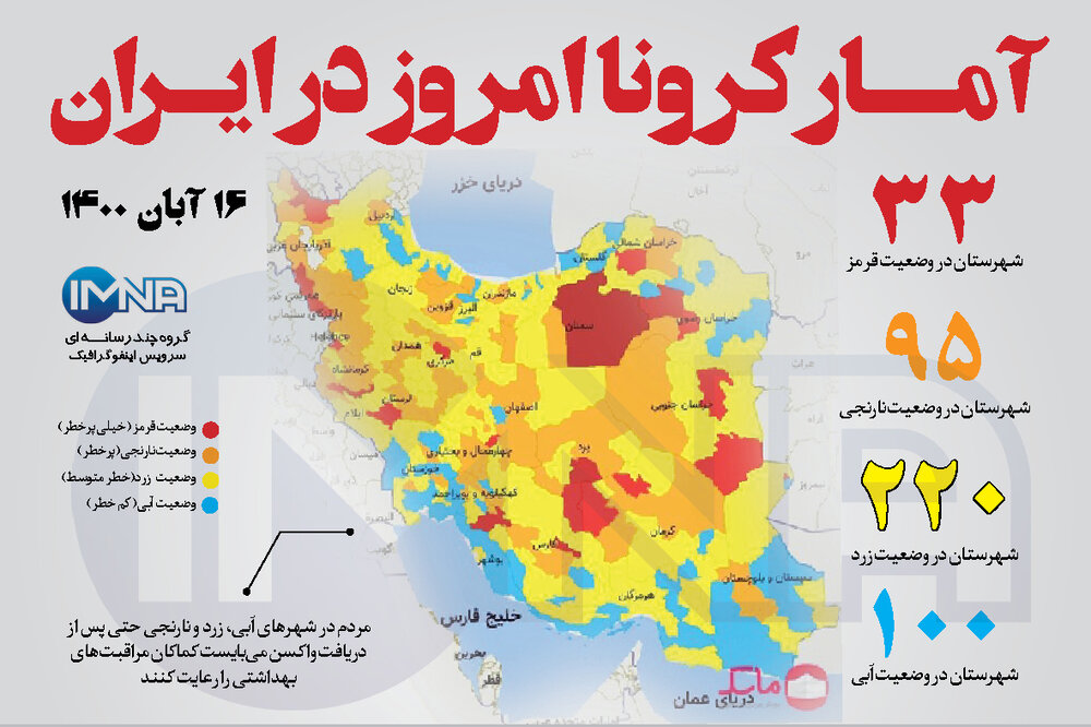 آمار کرونا امروز در ایران (یکشنبه ۱۶ آبان ۱۴۰۰) + وضعیت شهرهای کشور