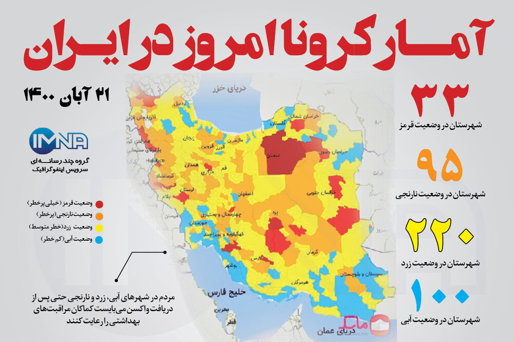 آمار کرونا امروز در ایران (جمعه ۲۱ آبان ۱۴۰۰) + وضعیت شهرهای کشور