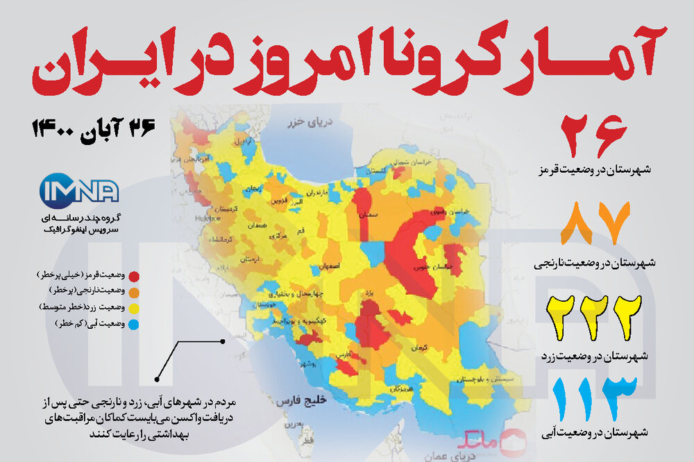 آمار کرونا امروز در ایران (چهارشنبه ۲۶ آبان ۱۴۰۰) + وضعیت شهرهای کشور