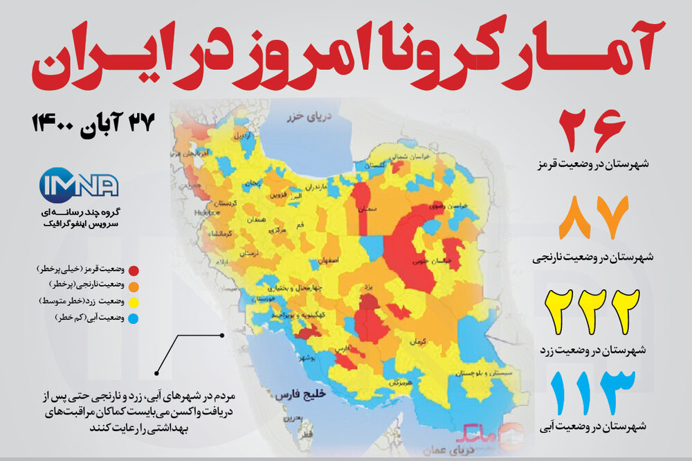 آمار کرونا امروز در ایران (پنجشنبه ۲۷آبان ۱۴۰۰) + وضعیت شهرهای کشور