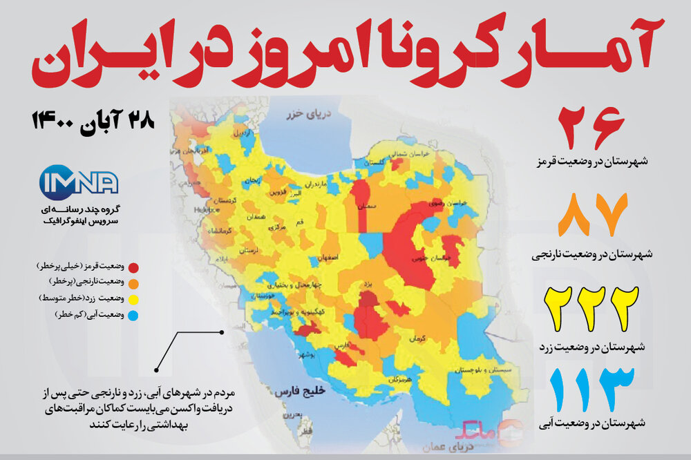 آمار کرونا امروز در ایران (جمعه ۲۸ آبان ۱۴۰۰) + وضعیت شهرهای کشور