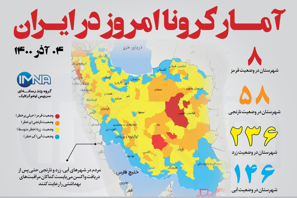 آمار کرونا امروز در ایران (پنجشنبه ۴ آذر ۱۴۰۰) + وضعیت شهرهای کشور