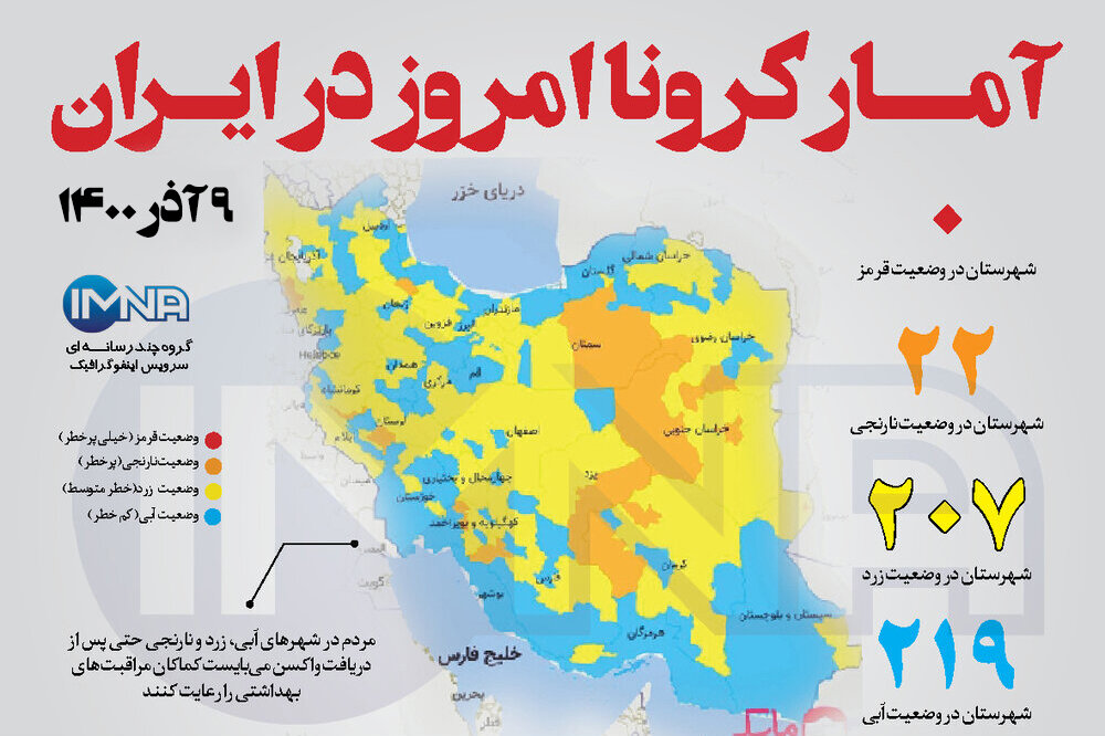 آمار کرونا امروز در ایران (سه شنبه ۹ آذر ۱۴۰۰) + وضعیت شهرهای کشور
