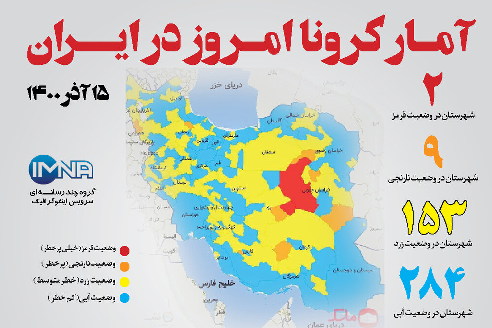 آمار کرونا امروز در ایران (دوشنبه ۱۵ آذر ۱۴۰۰) + وضعیت شهرهای کشور