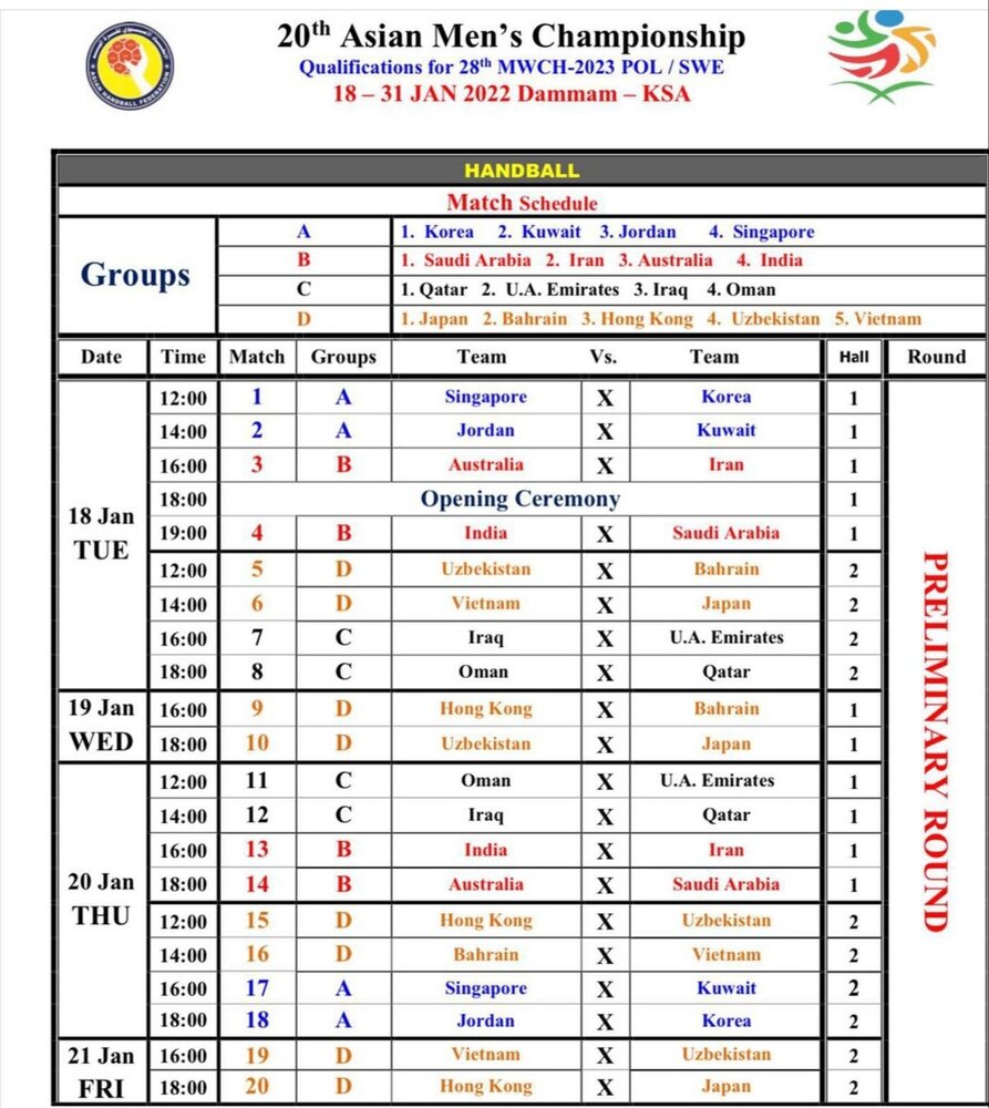 برنامه بازی‌های تیم ملی هندبال در مسابقات قهرمانی مردان آسیا اعلام شد + برنامه بازی‌ها