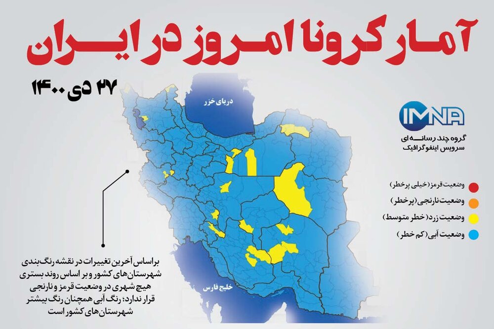 آمار کرونا امروز در ایران (دوشنبه ۲۷ دی ماه ۱۴۰۰) + وضعیت شهرهای کشور
