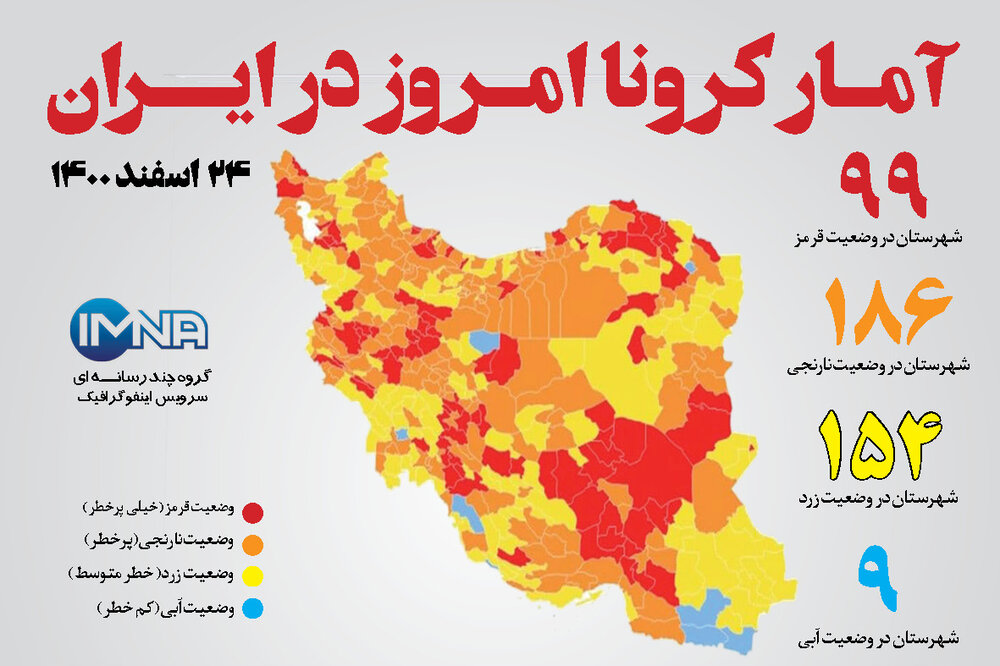 آمار کرونا امروز در ایران (سه شنبه ۲۴ اسفندماه ۱۴۰۰) + وضعیت شهرهای کشور