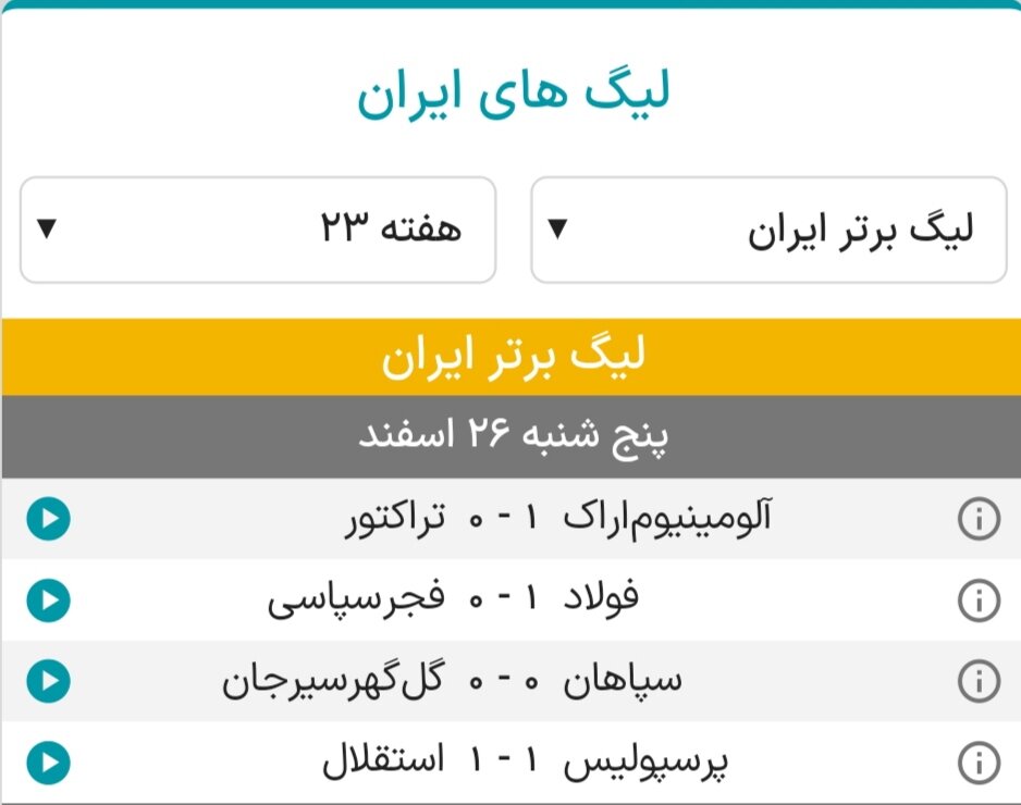 نتایج هفته بیست‌وسوم لیگ برتر فوتبال+جدول