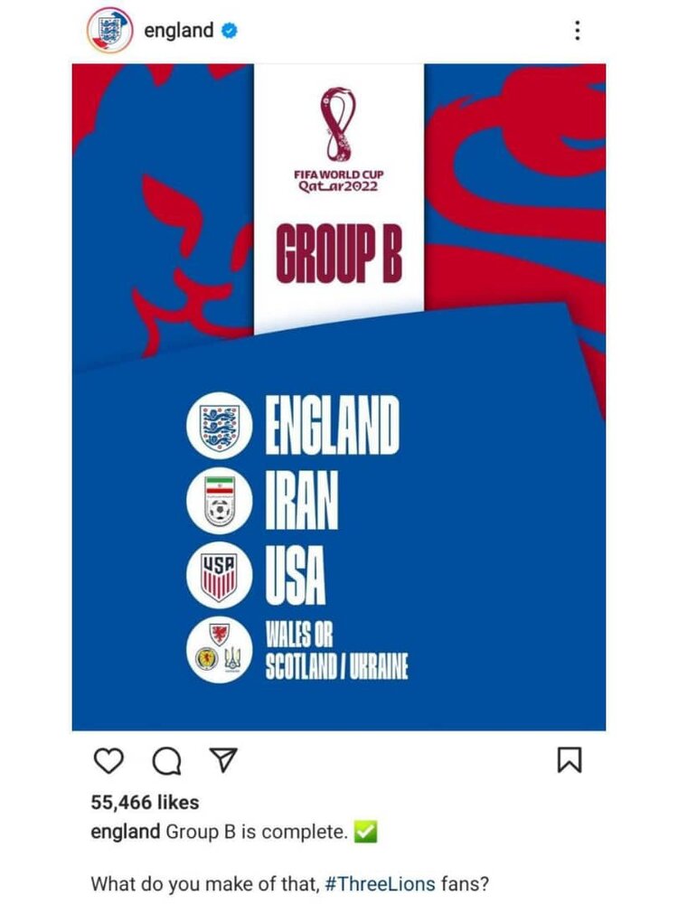واکنش صفحه رسمی تیمملی فوتبال انگیس پس از قرار گرفتن بههمراه ایران در گروه B+عکس