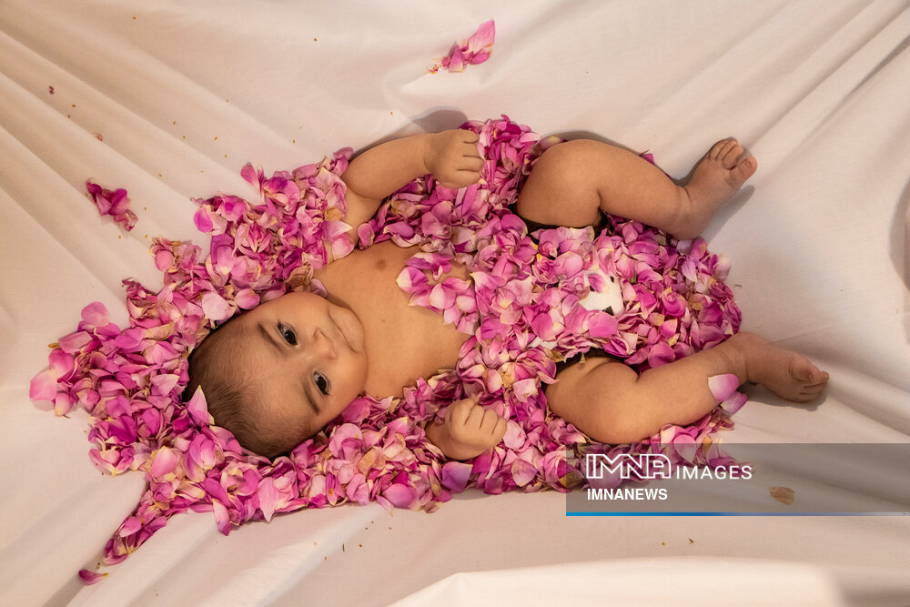 Ritual of rolling newborns in Damask roses