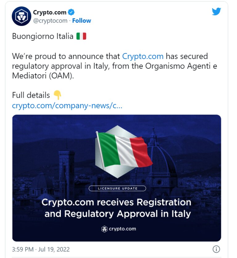 مجوز فعالیت crypto.com در ایتالیا