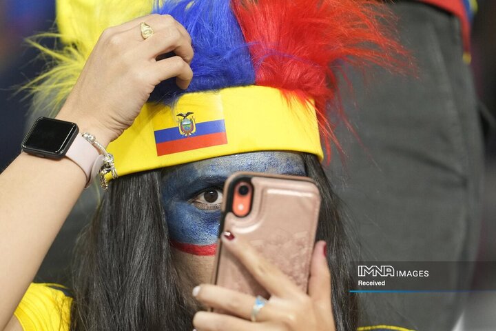 یک هوادار اکوادور قبل از بازی مقابل هلند در جام جهانی کلاه خود را مرتب می کند.