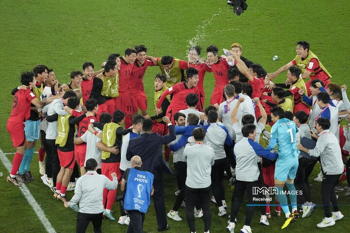 بازیکنان تیم کره جنوبی پس از بازی گروه H فوتبال جام جهانی بین کره جنوبی و پرتغال در ورزشگاه شهر آموزش در الریان قطر جشن گرفتند