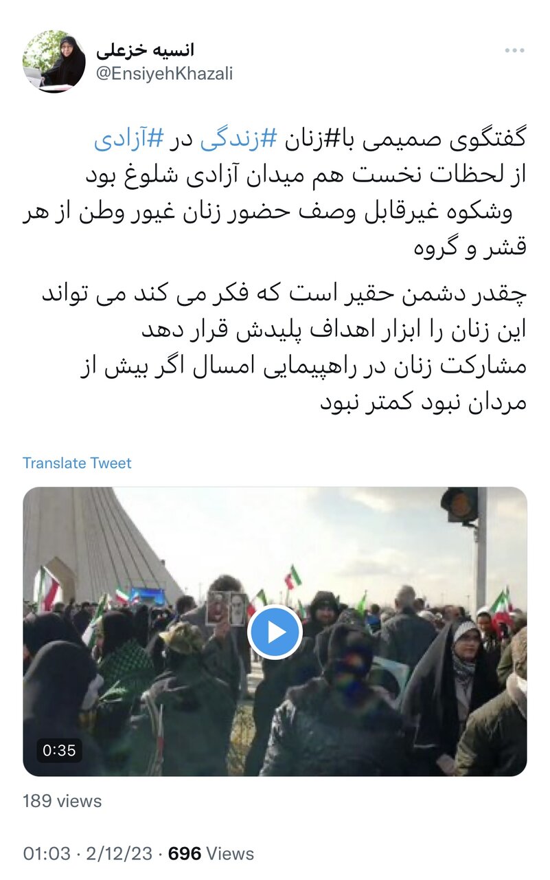 مشارکت زنان در راهپیمایی امسال اگر بیش از مردان نبود کمتر نبود