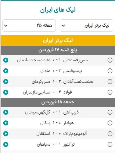 نتایج هفته بیستوپنجم لیگ برتر فوتبال+ جدول