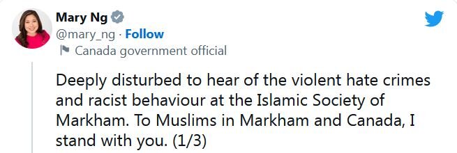 Islamophobic attack at mosque denounced by Canadian trade minister