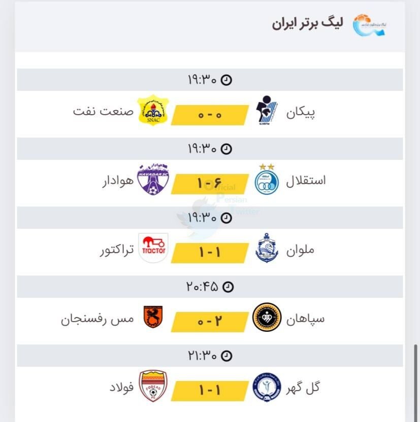 نتایج هفته ۲۶ رقابتهای لیگ برتر فوتبال + جدول