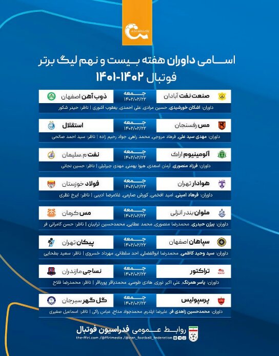 داوران هفته بیستونهم لیگ برتر فوتبال مشخص شدند