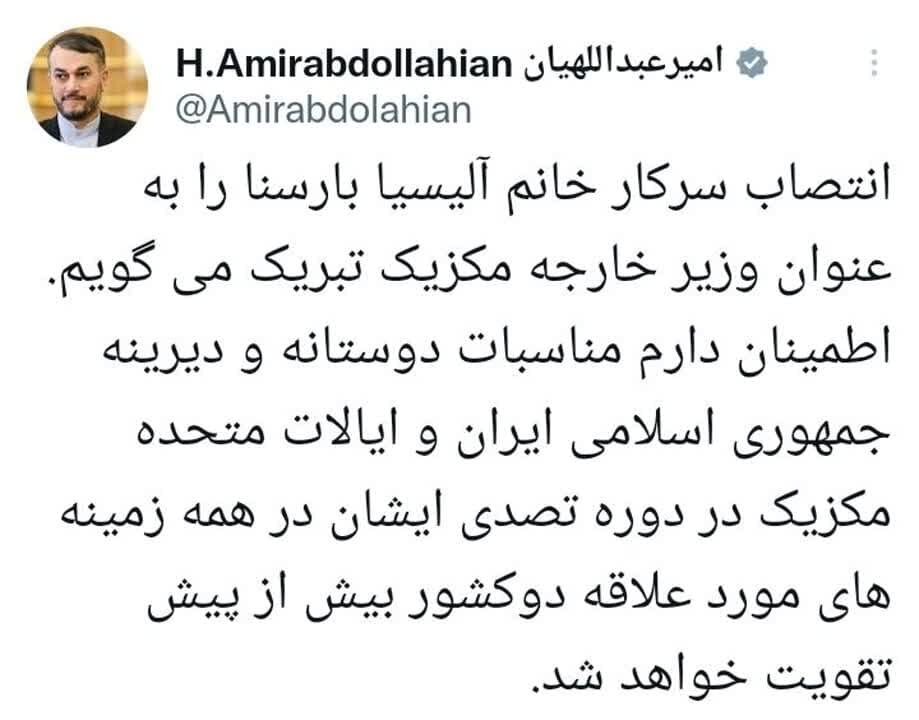 پیام تبریک امیرعبداللهیان به وزیر خارجه جدید مکزیک